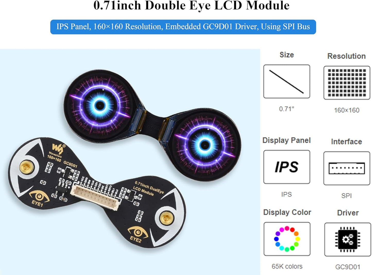 Wonrabai 0.71inch 160160 65K ESP32/Pico GC9D01 Double Eye Round LCD Display Module, Resolution, Colors, IPS Display