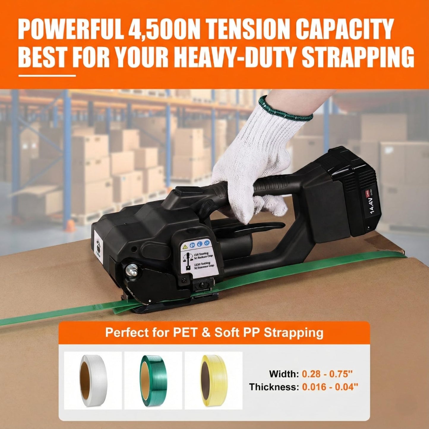 Electric Strapping Machine – 4,500N Tensioner, LCD Display, 4,000mAh Battery, Automatic Portable Banding Tool Kit for 1/2–5/8" PET/PP Straps, Pallet & Box Packaging (Black, 2 x 4,000 mAh Battery)