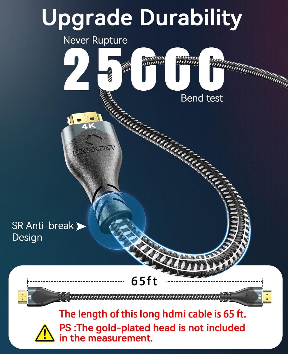 4K 65Ft, 2.0 (18Gbps), 4K@60Hz, 3D PS4/PS5 ect(19.81m) HDMI Cable Ultra High Speed HDMI Cable Cord Braided Gold Plated