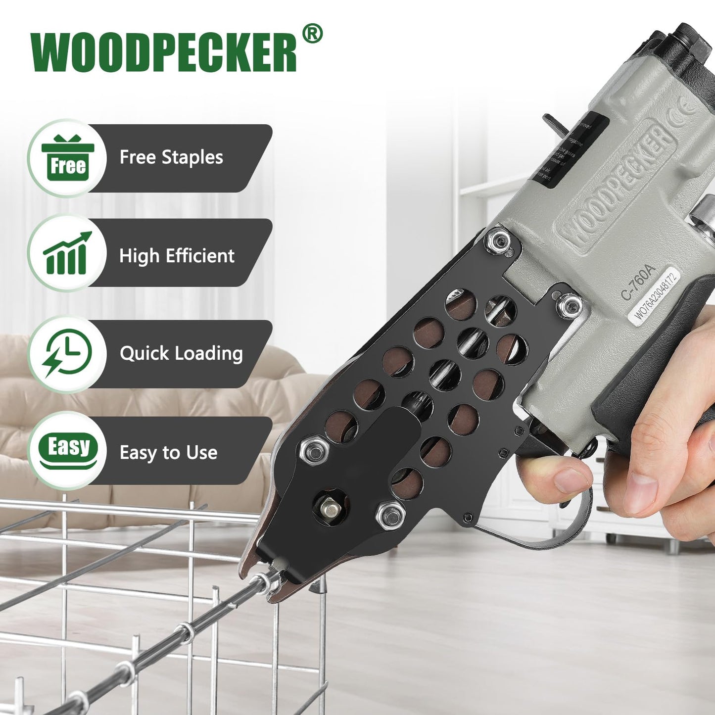 Woodpecker C-760A 16 Gauge Pneumatic Hog Ring Gun Kit, 1/2-Inch Crown, with 1000PCS Hog Ring Staples, 3.0-4.0mm Closing Diameter, Air Hog Ring Plier Tool, C Ring Gun for Cages, Fencing, Car Seat