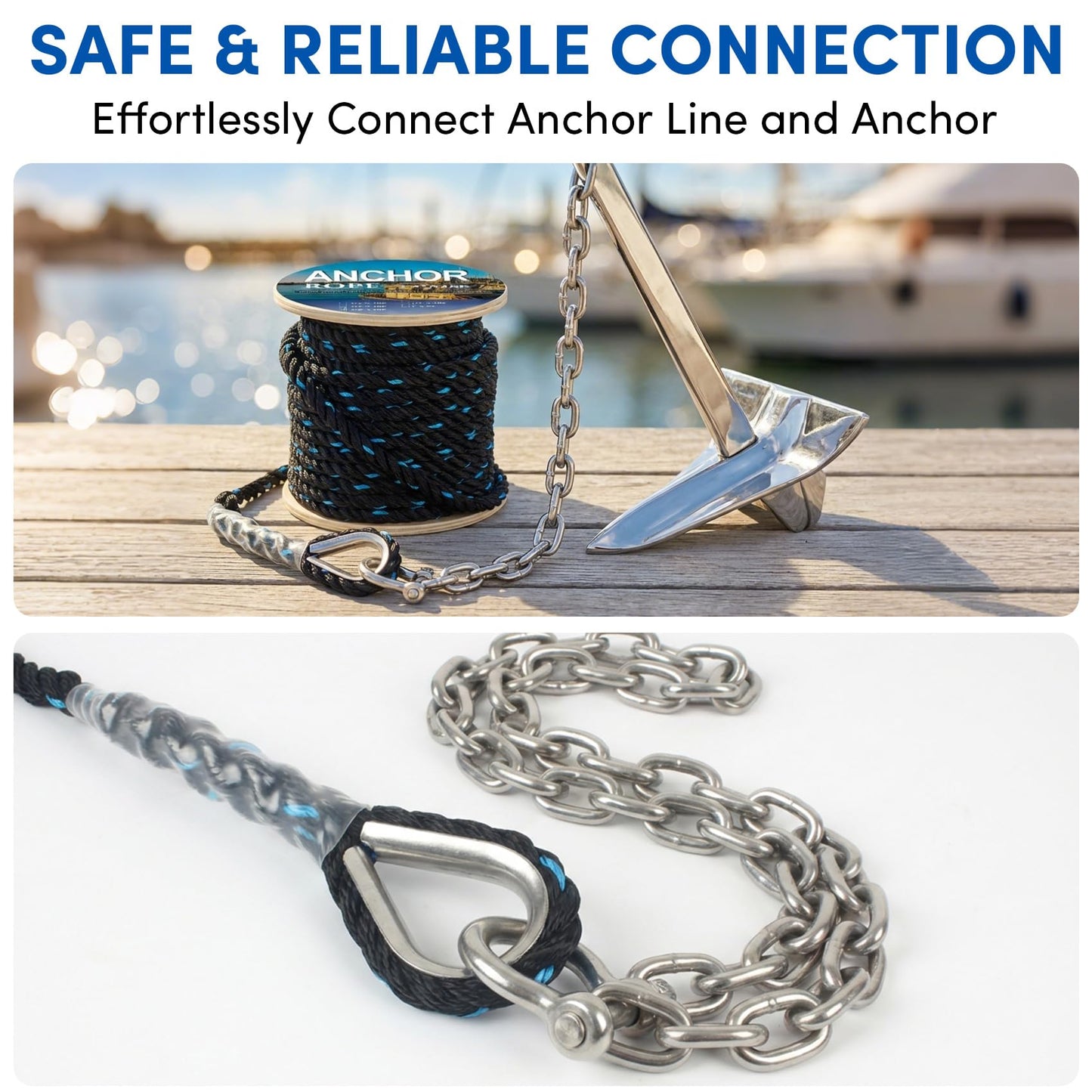Anchor Rope 200 ft X 5/8 inch Combination Kit,with 5/16" x 10' 316 SS Anchor Chain, 3-Strand Twisted Nylon Anchor Line, Anchor Rope and Chain with Stainless Steel Thimble and Shackle (Black/Blue)