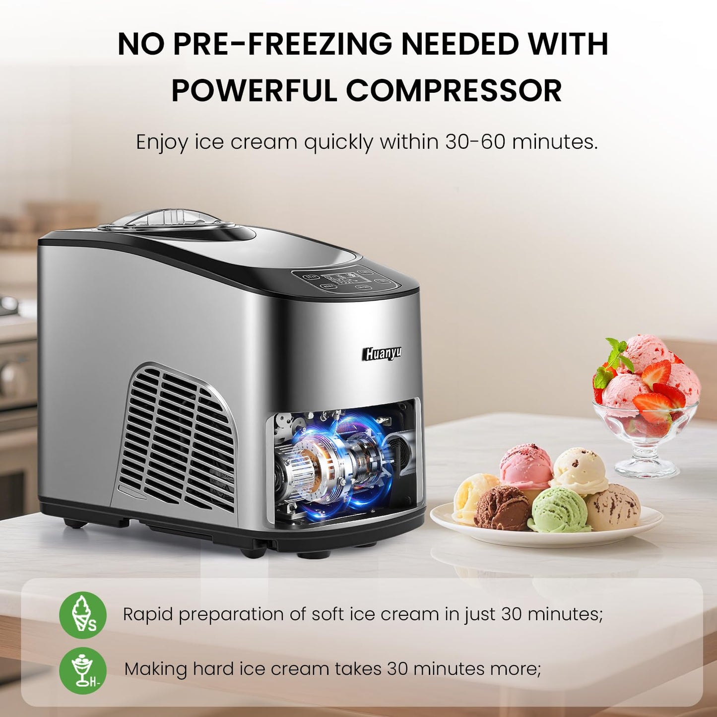 Huanyu Ice Cream Machines 1.5L Automatic Ice Cream Maker with Built-In Compressor | No Pre-Freezing, 3 Modes, LCD Digital Display & Timer