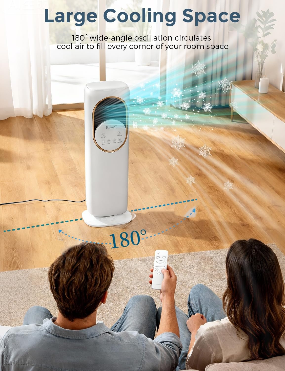Hiluce 4-IN-1 Evaporative Air Swamp Cooler,Quiet Fan and Heater Combo,28 ft/s Tower Fans that Blow Cold Air,Removable Water Tank,Ice Packs,180°Oscillating,2 Heating & 3 Cooling Speeds,9H Timer
