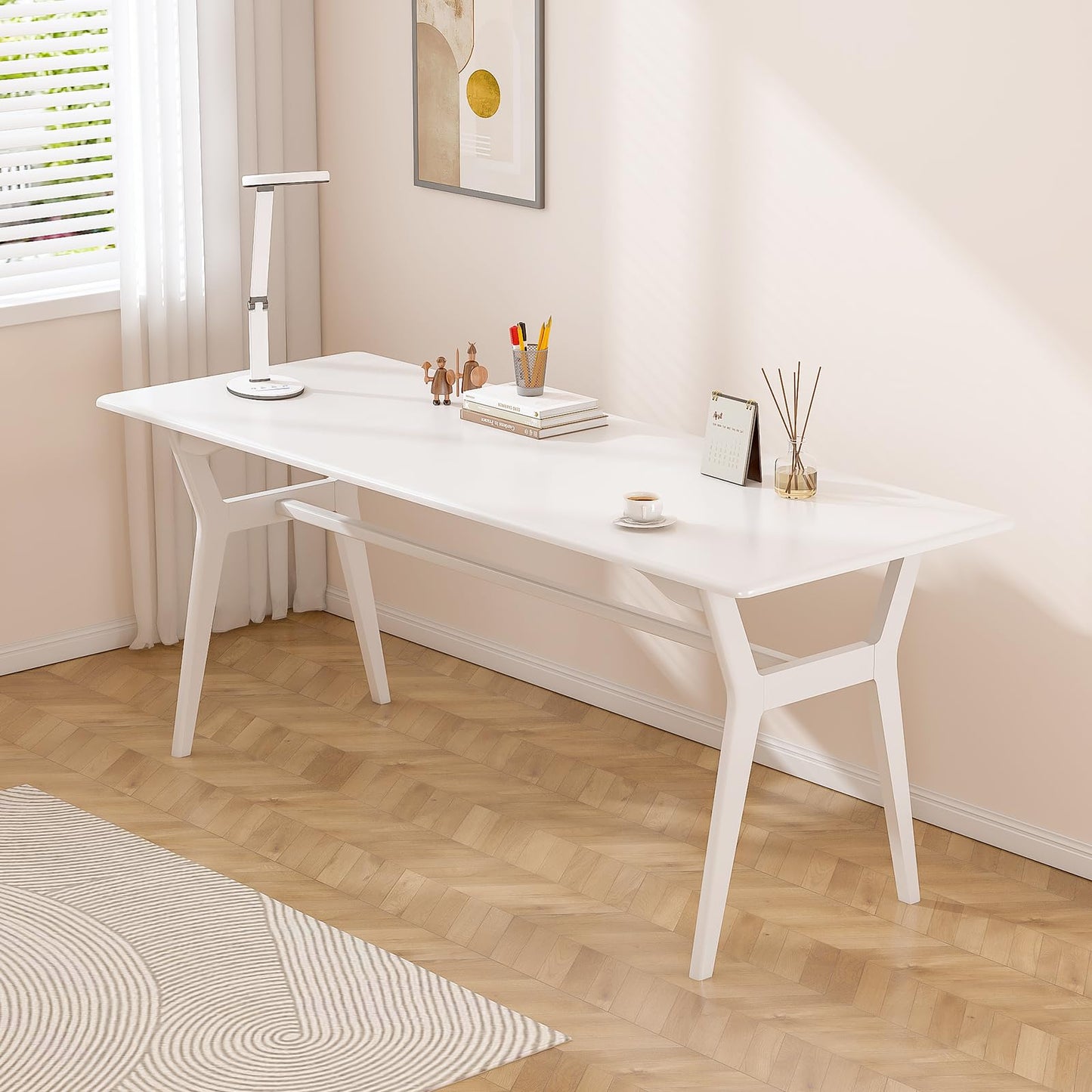 OSCHF Solid Wood Study Desk - 63" Double Long Computer Table for Home Office, 2-Person PC Workstation, White