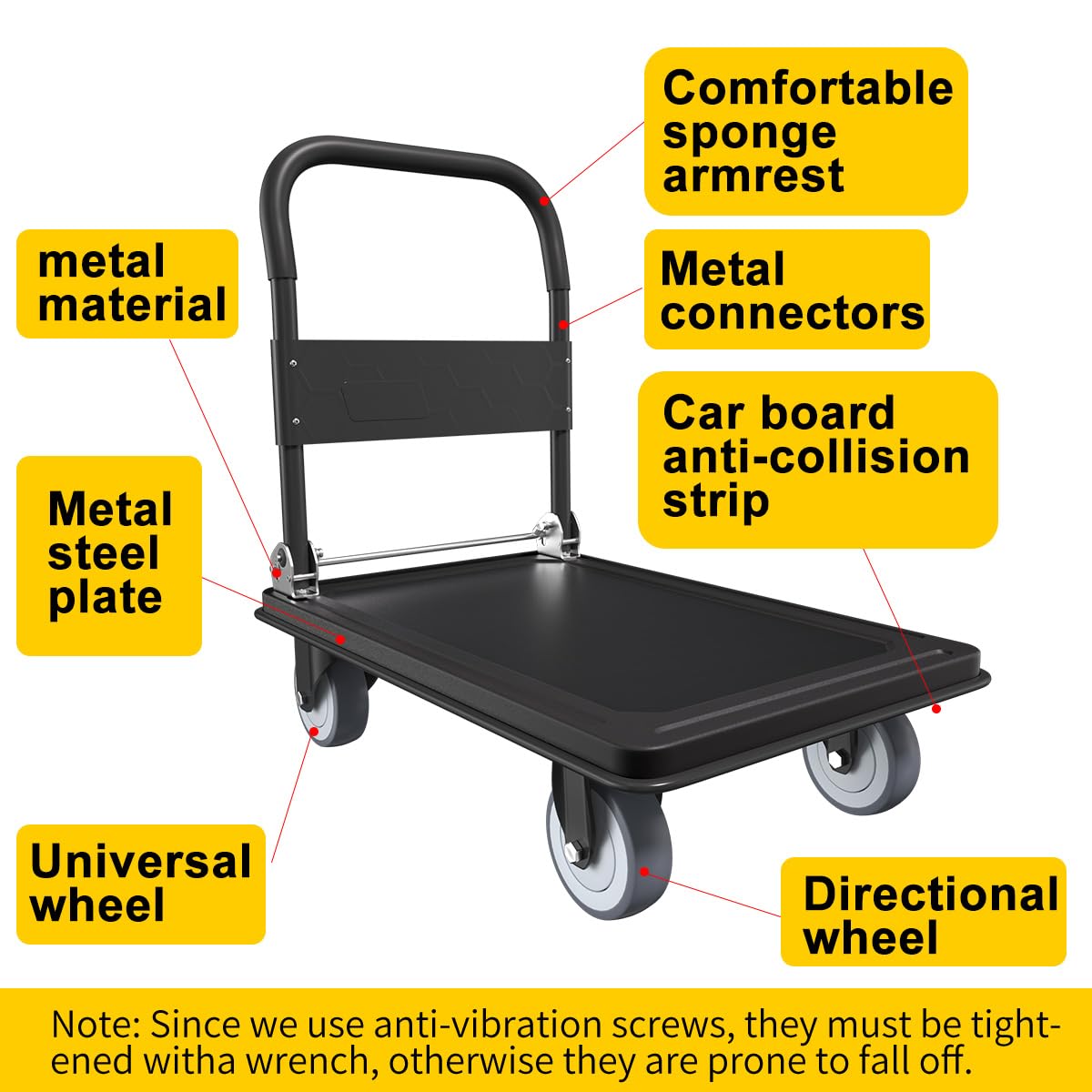 WUD Push Cart, Folding Mobile Platform Trolley,Thickened and Reinforced, 360° Swivel Wheels,35.4 “L x 23.6 ”W, 1100 lb. Black Dolly cart with Wheels (Black, Large)