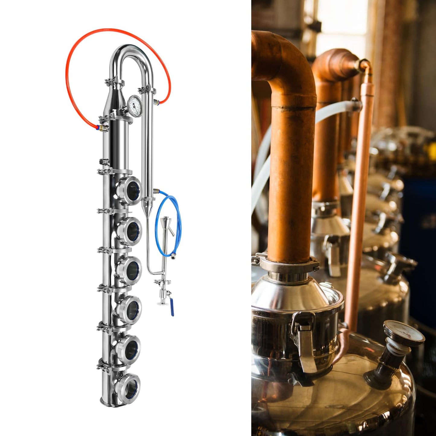 4" Reflux Still Column, 6 Layers Stainless Steel Distillation Column, with U-Shaped Elbow, Condenser and Spout, 0-220℉ Columns, Reflux Distillation Kit for Home Brewing Whiskey