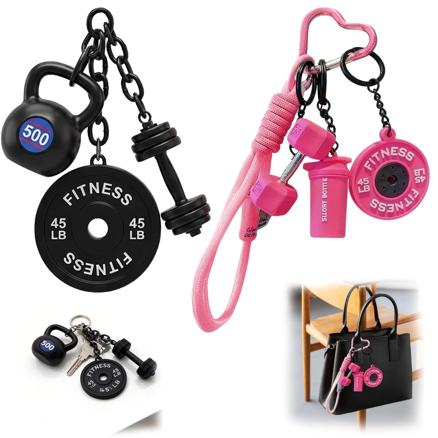 Afalin 2PCS Dumbbell Kettlebell Keychain,Gym Barbell Keychain, Gym Bag Charms Bags And Handbags Charms for Fitness Women and Men Gift, Backpack Car Decor
