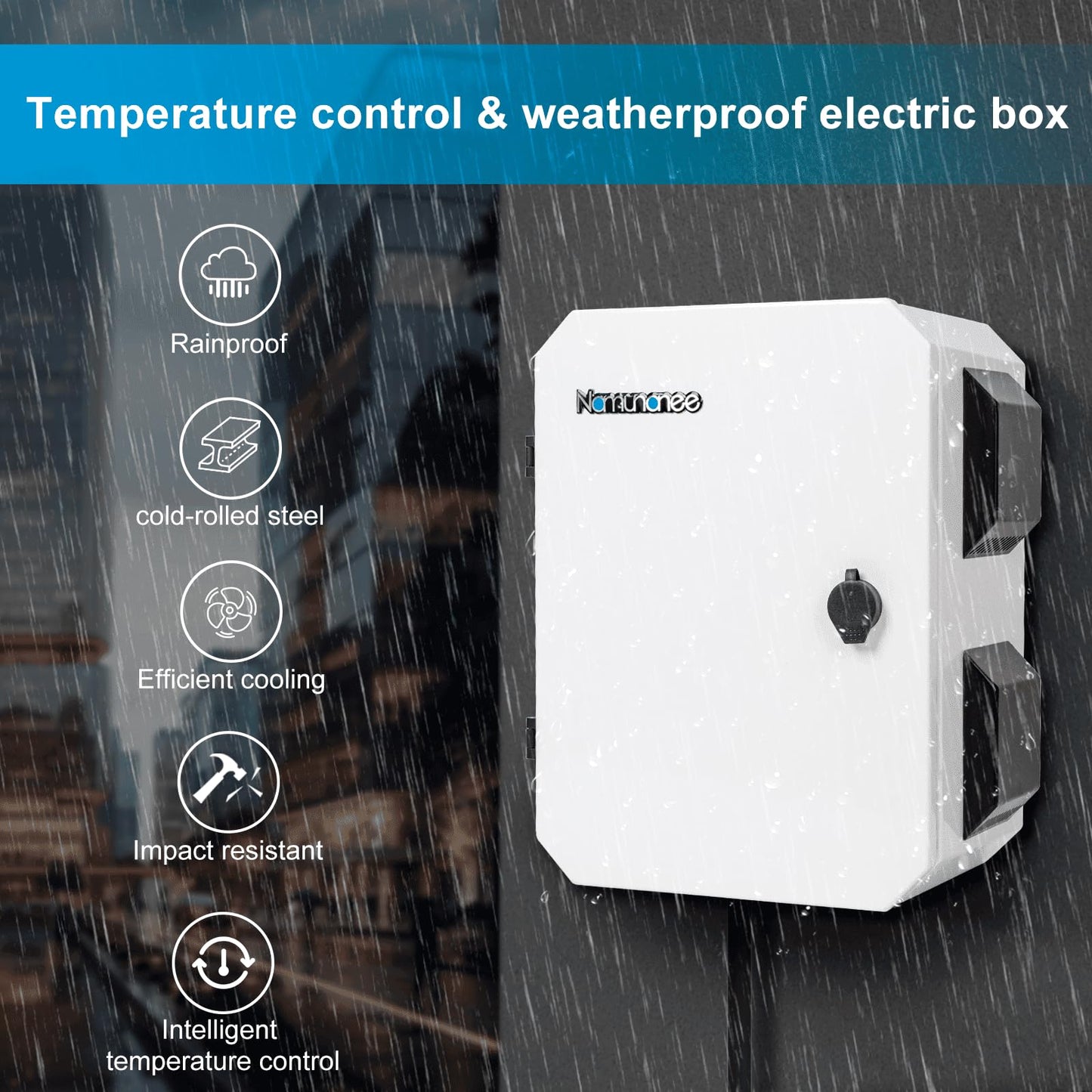 Outdoor Electrical Box with Thermostat and Fan, Cold-Rolled Steel Plate, Aluminum Alloy Back Beam, One-Piece Ventilation Design, IP65 Waterproof, Wall/Pole Mounted. (15.7" x 11.8" x 7.9")
