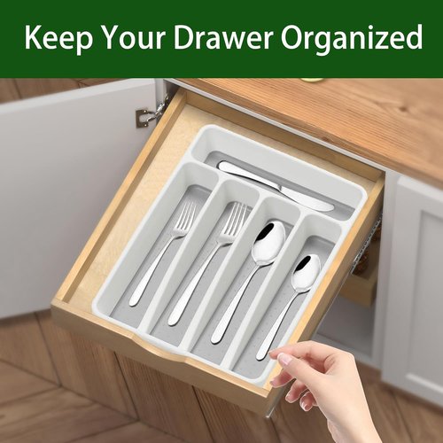 Loyareal Silverware Organizer - 5 Compartment Plastic Kitchen Drawer Tray | White Flatware Holder