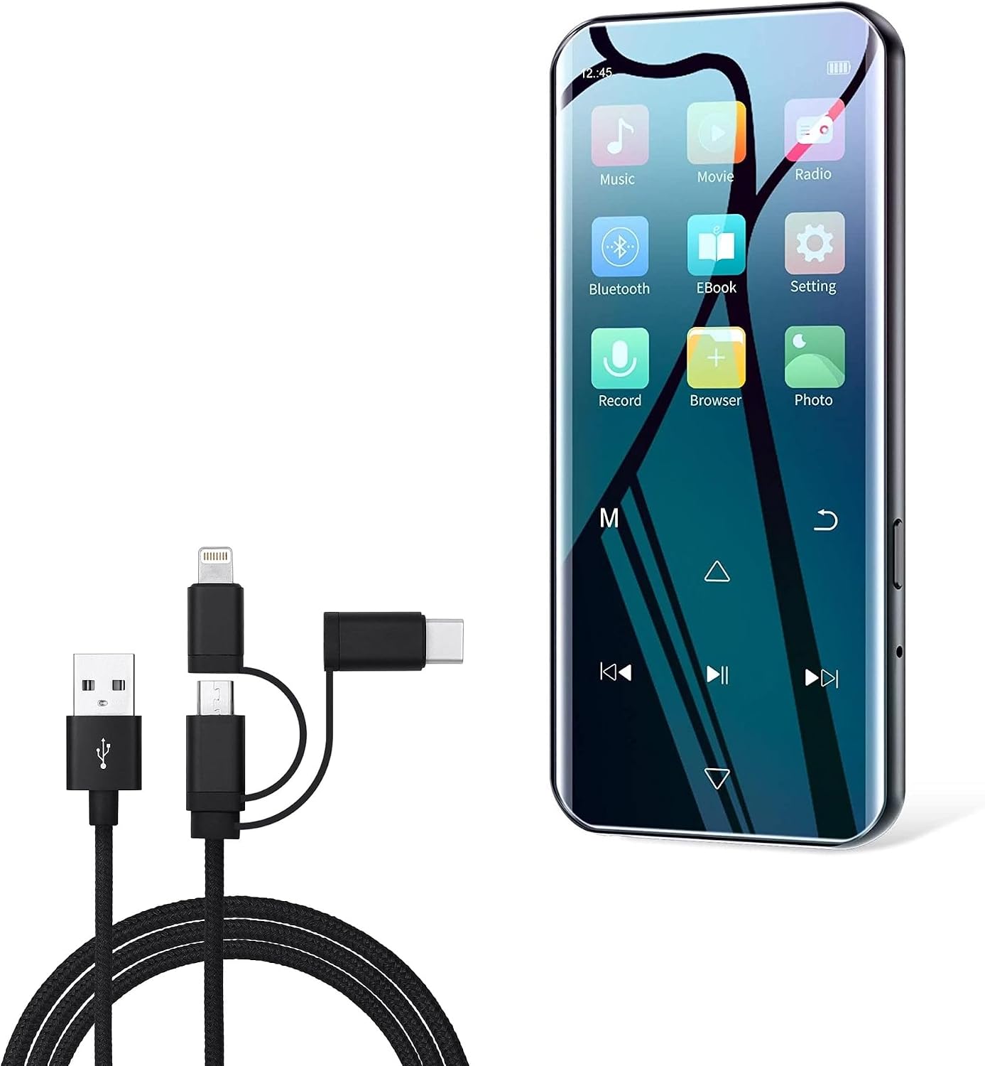BoxWave D19 MP3 3-in-1 Cable Compatible with RUIZU Bluetooth Player - AllCharge Cable - Jet Black