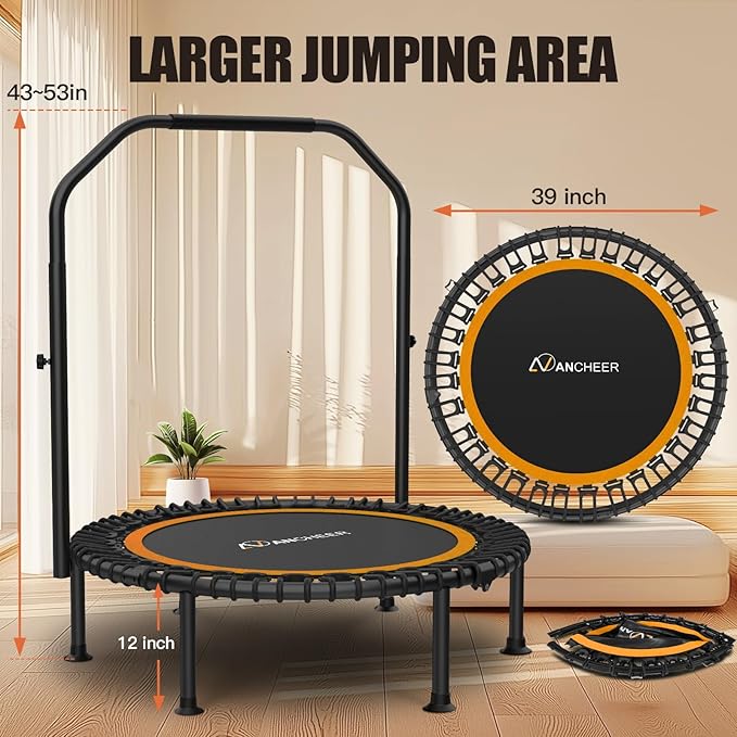 Bungee Rebounder Trampoline,ANCHEER 40" Foldable Fitness Trampoline with 4-Level Adjustable Handlebar, 450LBS Capacity, Resistance Ropes&Upgraded Bungees Safe for Home/Cardio,Workout Indoor/Outdoor
