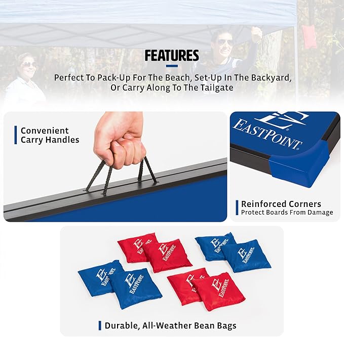 EastPoint Sports Cornhole Game Set Bean Bag Toss MDF - 2' W x 3' L - Built-In Storage, Convenient Carry Handles and 8 Premium Bean Bags