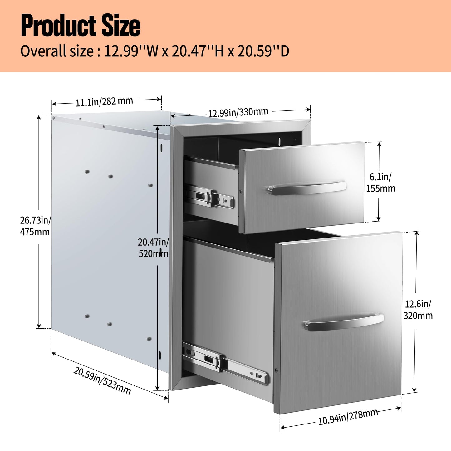 Migoda Outdoor Kitchen BBQ Drawers Stainless Steel Built-in with Handle Weatherproof Storage for Outdoor Grill Station Accessories (13''W x 20.5''H x 21''D)