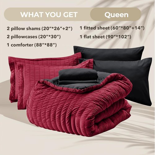 HYMOKEGE Queen Comforter Set - Luxury 7-Piece Bedding Set in Red & Black | All-Season Seersucker Design