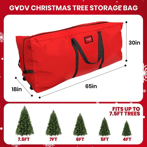 GVDV Christmas Tree Storage Bag - Waterproof 600D Oxford Canvas for 7.5 Ft Trees | Heavy-Duty with Wheels & Handles, Red