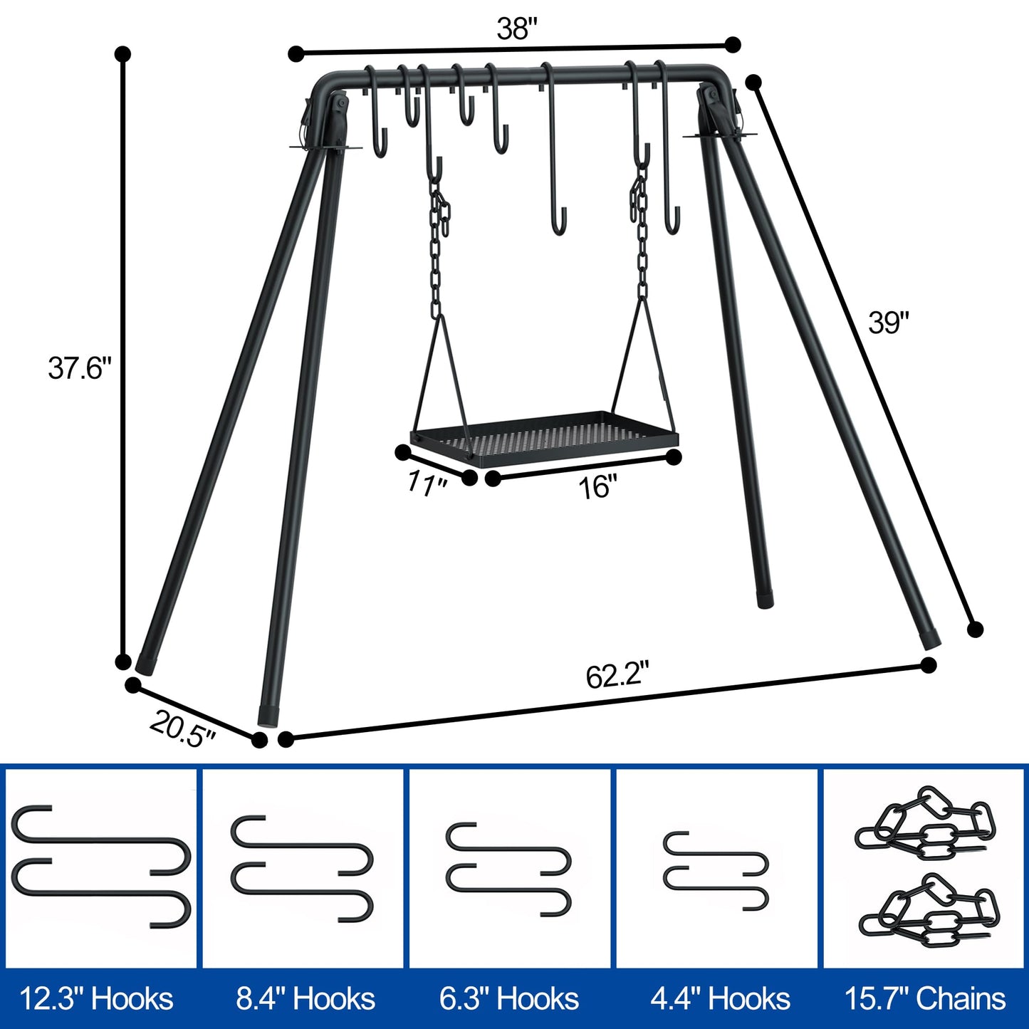 RELIANCER Grill Swing,Campfire Grill Cooking Stand w/8 Hooks & Storage Bag,Cast Iron BBQ Party Swing Grilling Cooking Rack,Outdoor Picnic Camping Cookware Hanging Rack,Collapsible Bonfire Barbecue Set