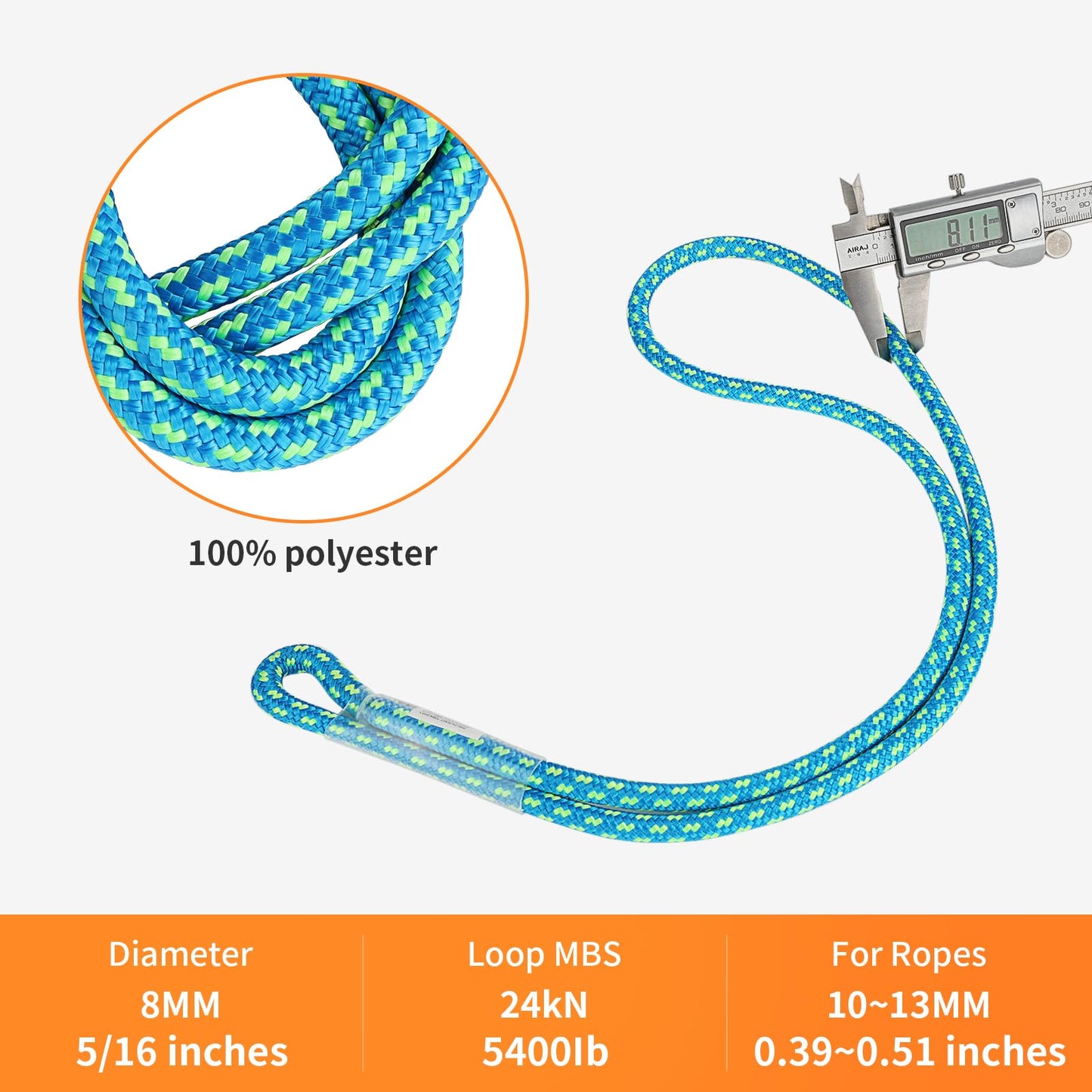 AOLEBA 8MM (5/16") Prusik Loop, Pre-Sewn Prusik Cord, Safety Sewn Prusik Rope for Climbing Arborist Rescue, Outdoor Climbing Aider Prusik Loops 22 Inches - Blue