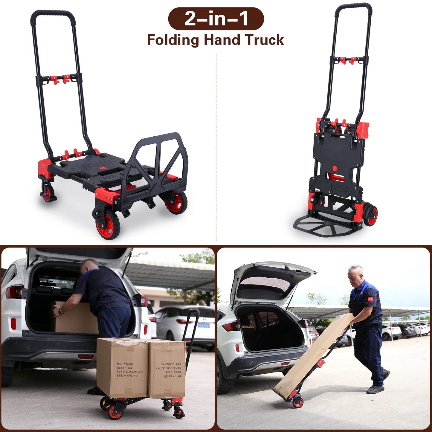 2-in-1Hand Truck Dolly Foldable with Folding Basket,330LBS Capacity Handtruck,Hand Truck Foldable Dolly with 4 Wheels,Dolly Cart with Retractable Handle,Folding Hand Cart for Moving