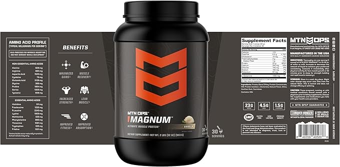 MTN OPS Magnum Vanilla Protein Powder, 23g of Whey Isolate Protein & Milk Protein with BCAAs, Zero Sugar & Gluten Free, Vanilla Milkshake, 30-Serving Tub