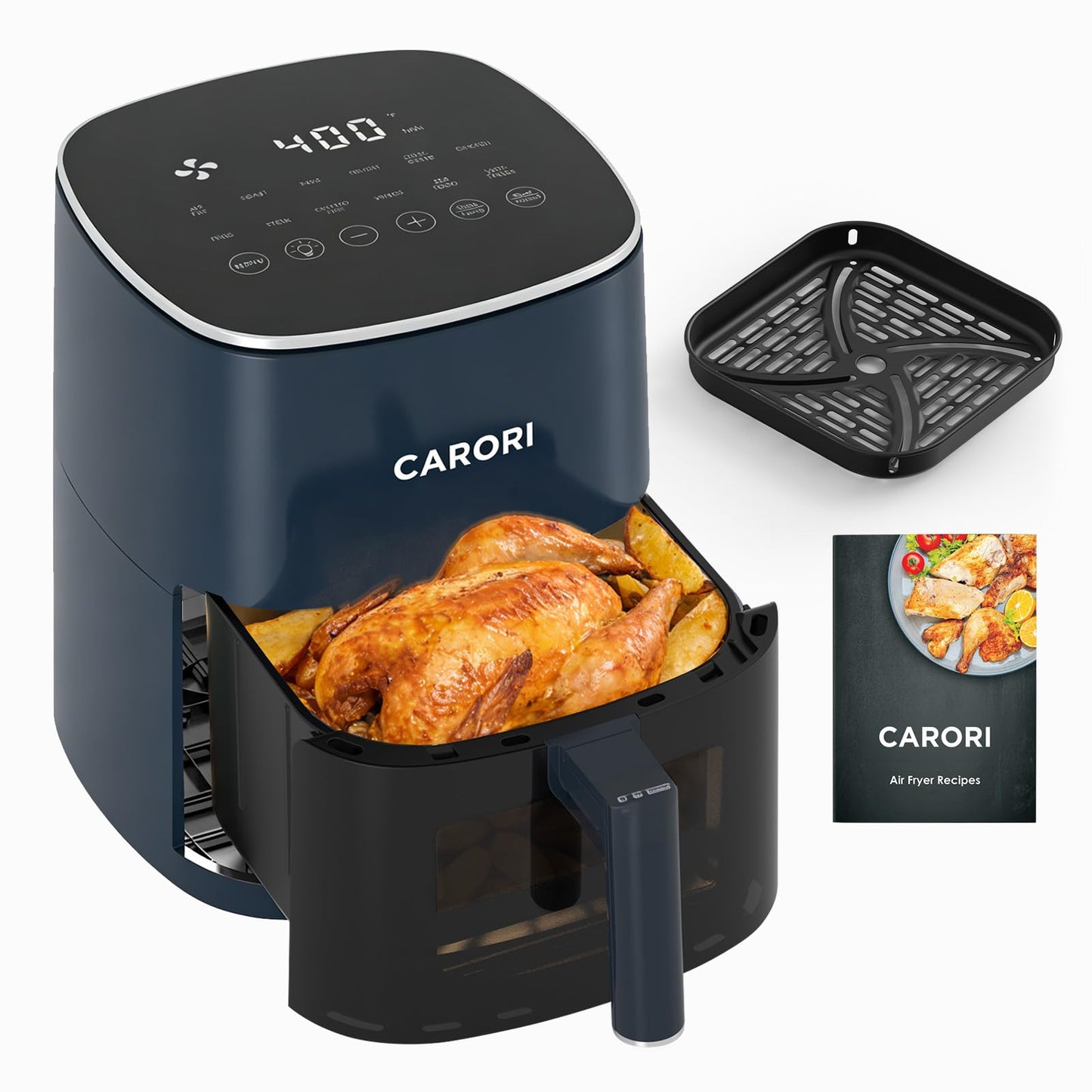 CARORI 6QT Air Fryer with Viewing Window, 12 Cooking Presets, 1700W Fast & Even Cooking, Max 400℉ Crisping, Bake, Roast, Reheat & Dehydrate, Large Nonstick Basket, Dishwasher Safe, Dark Blue
