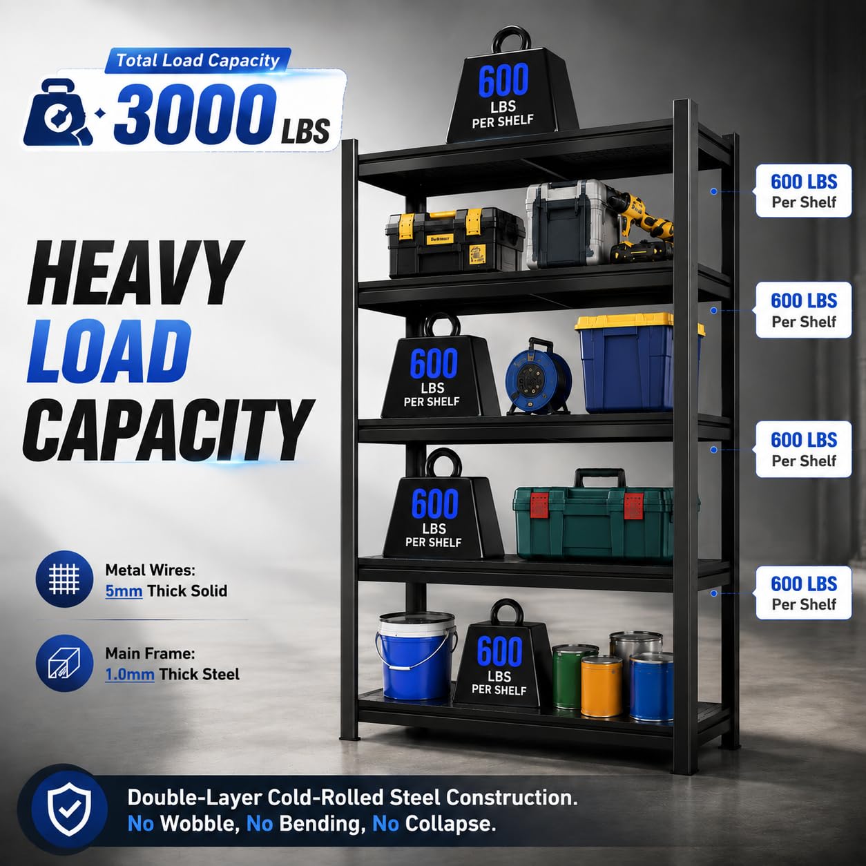 SAWJEC 78" H Garage Storage Shelves, 5 Tier Heavy Duty Metal Shelving Unit, 3000 lbs Capacity, Adjustable Storage Shelves Heavy Duty for Garage Warehouse Basement, 18" D x 47.5" W x 78" H