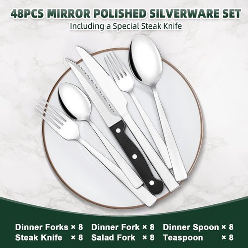 CEKEE Stainless Steel Silverware Set - 48-Piece Flatware for 8 with Steak Knives | Mirror Polished & Dishwasher Safe