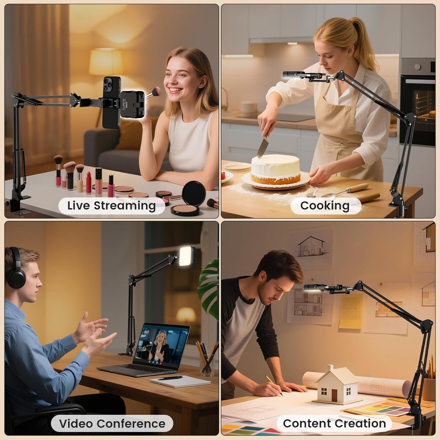AIXPI Overhead Phone Mount with LED Selfie Light and Bluetooth Remote, Rechargeable Camera Light Tripod Stand