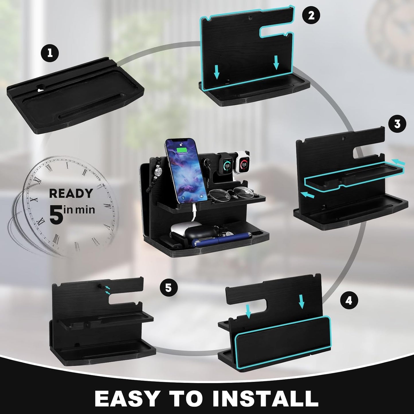 AliveByte Gifts for Men Desk or Nightstand Organizer - Wood Phone Docking Station - Birthday Gifts for Husband, Fathers
