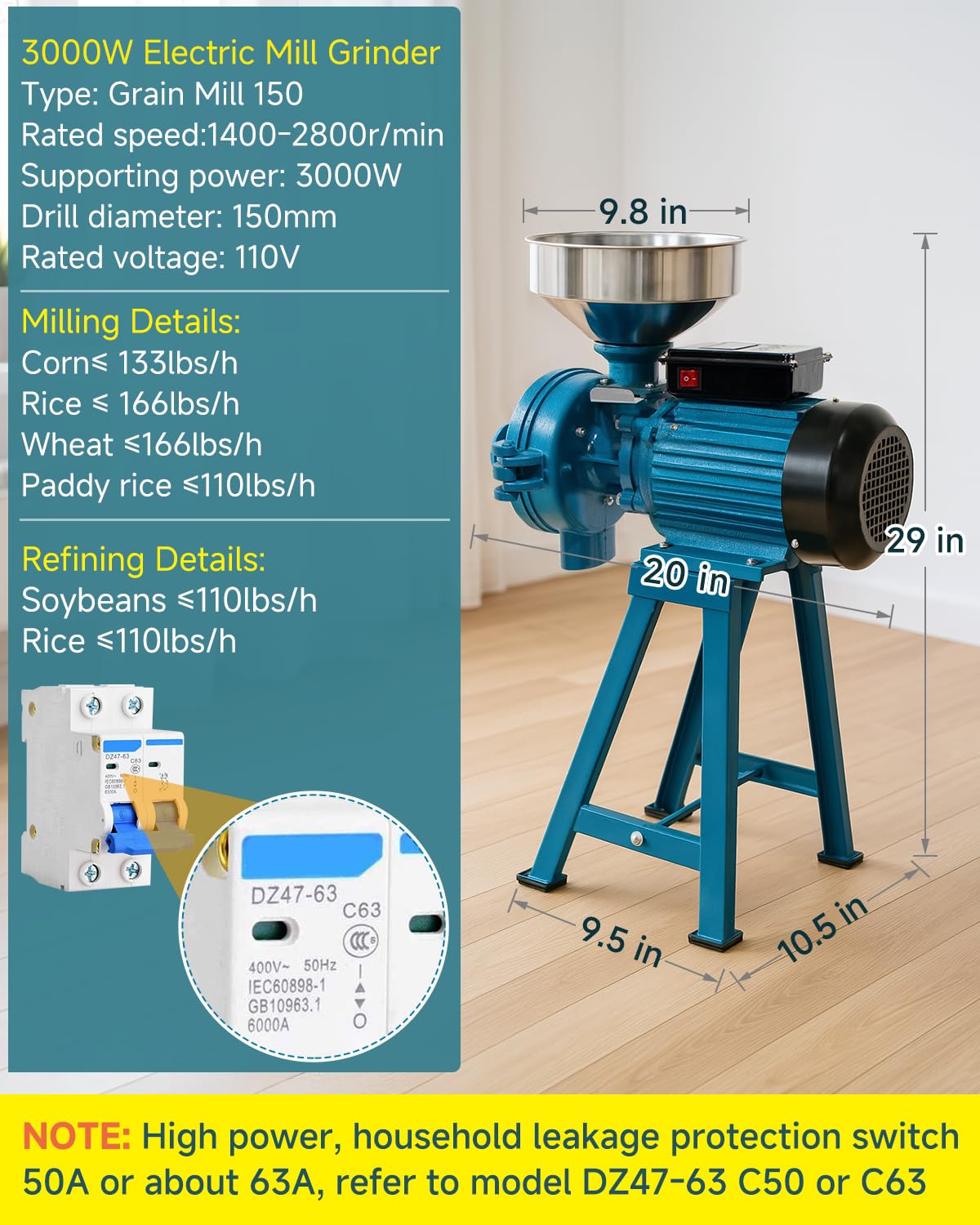 NAIZEA Electric Grain Mill Grinder, 3000W Wet & Dry Corn Mill Grinders,Commercial Flour Mill Machine with Funnel, Feed Grinders for Corn, Wheat, Rice, Coffee, Cereals(Wet Dry Grinder)