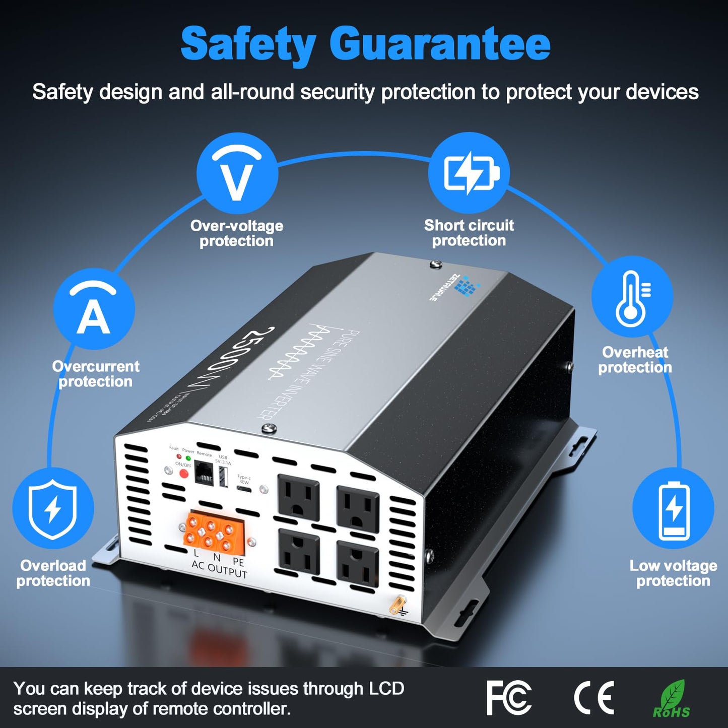 2500W Pure Sine Wave Inverter 48V DC to 110V/120V AC Converter, 5000W Peak, High-Efficiency Off-Grid Solar Power Inverter, 4 AC Outlets, USB & Type-C, LCD Remote Control