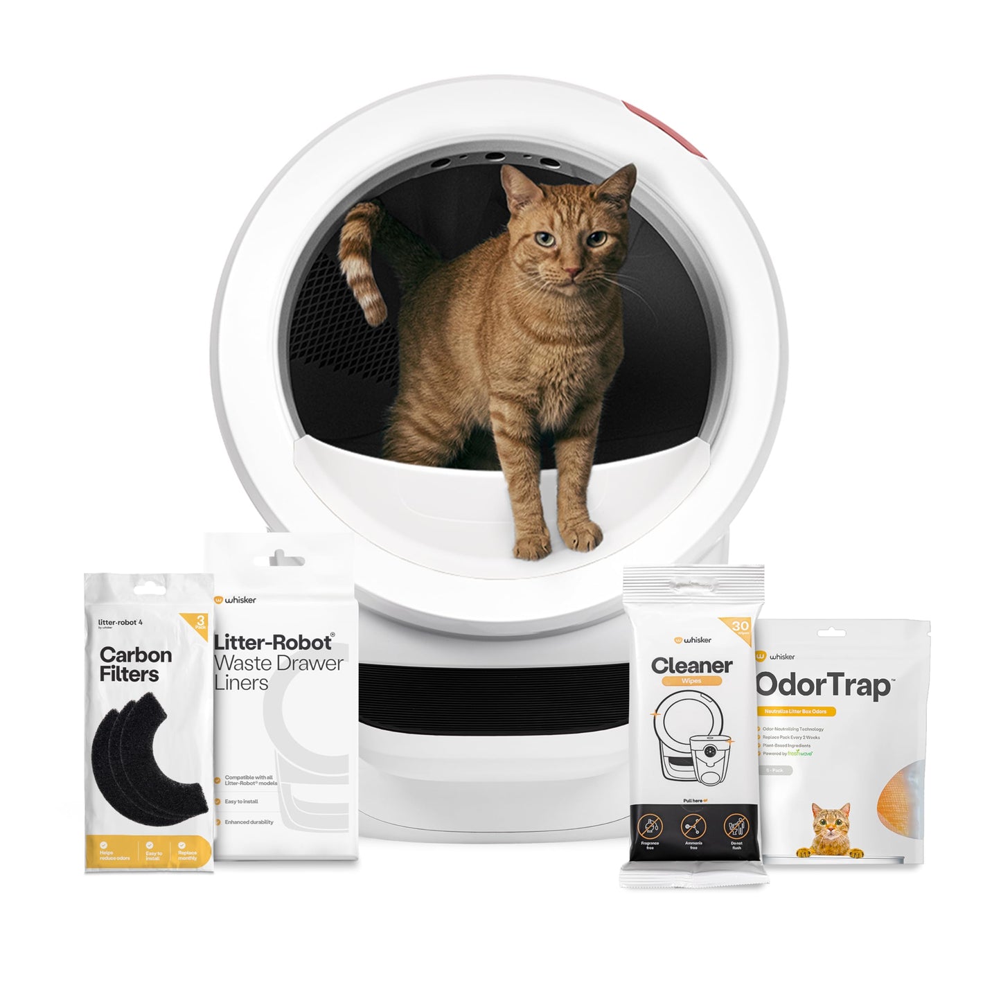 Whisker Litter-Robot 4 Supply Bundle, White - Automatic, Self-Cleaning Cat Litter Box, WiFi Enabled, Includes Litter-Robot 4, 3 OdorTrap Refills, 10 Liners, 30 Cleaner Wipes, & 2 Carbon Filters