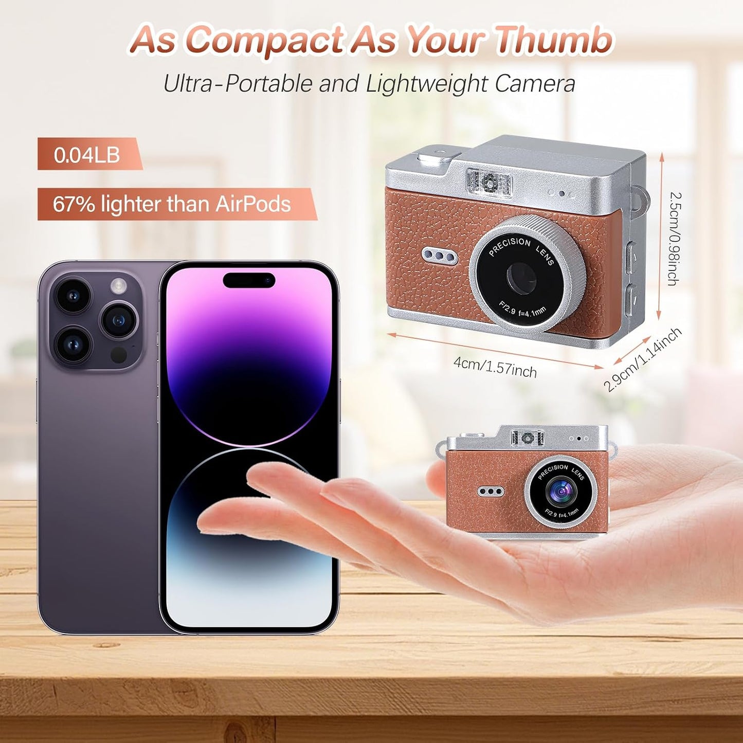 Brynnl 1080P 0.96" Mini Retro Keychain Digital Camera, Ultra-Compact Tiny Camera with Video, Display, Long Battery