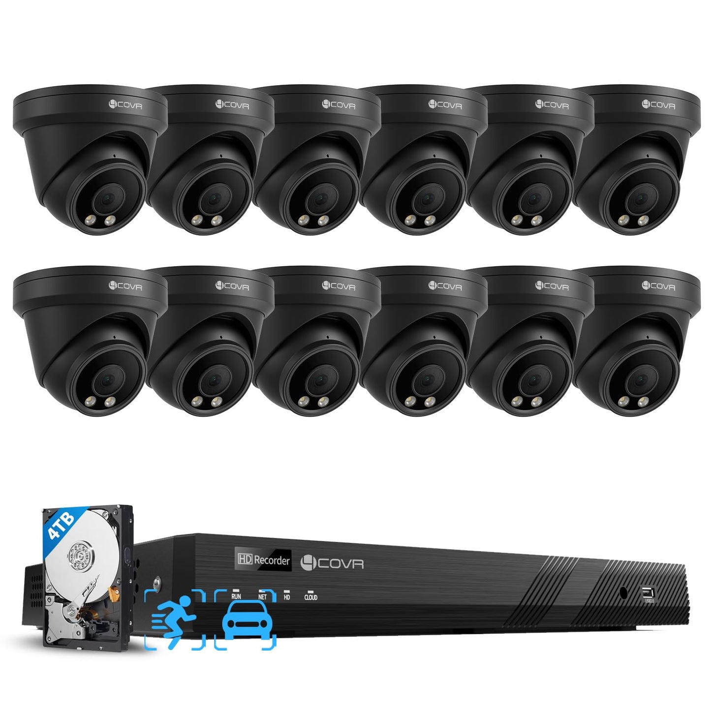 4COVR 16 Channel Security Camera System 4K, AI Human/Vehicle Detection, 8MP NVR 4TB HDD, 12Pcs 8MP Wired Commercial Dome IP PoE Camera IP67 Night Vision, Business Surveillance Outdoor, LY97AB8M1612
