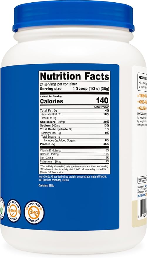 Nutricost Grass-Fed Whey Protein Concentrate (Vanilla) 2LBS - Undenatured, Non-GMO, Gluten Free