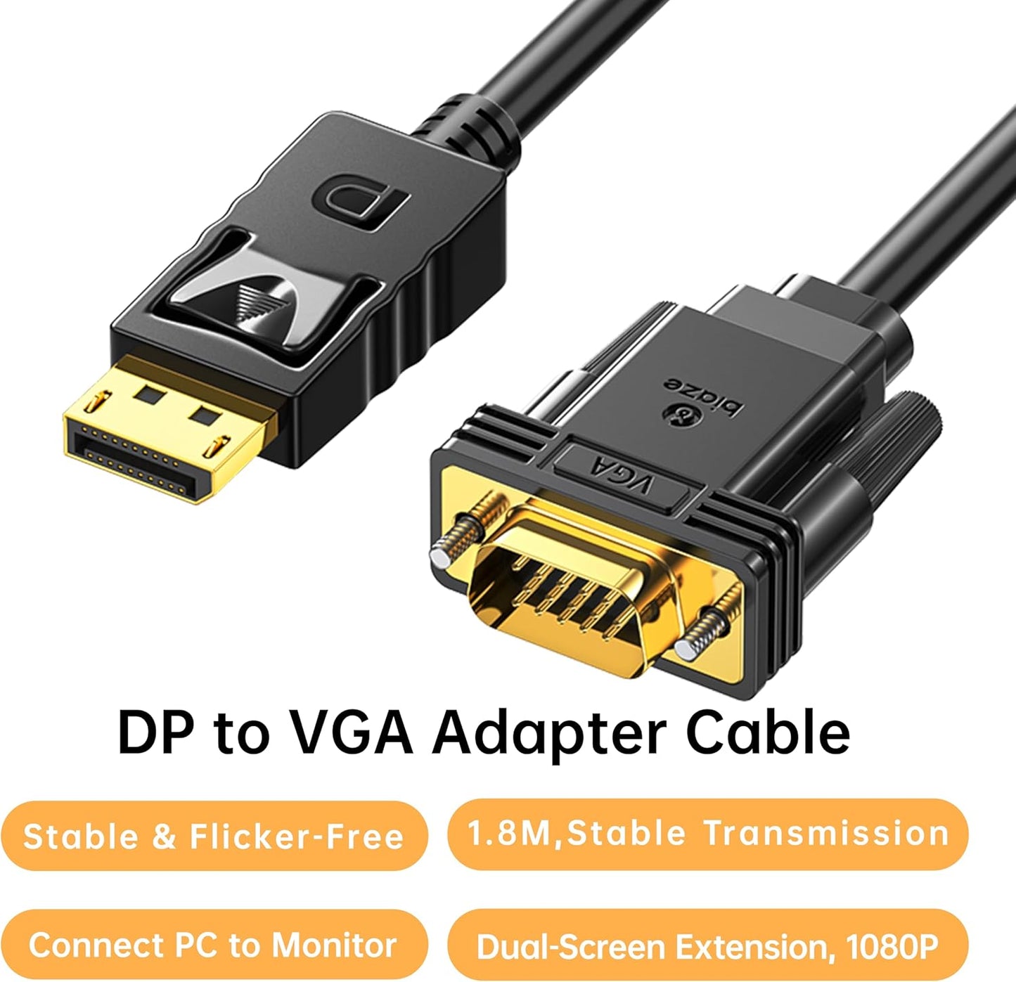 biaze 6ft, 1.8m 1080P DisplayPort to VGA Cable DP to VGA Male-to-Male Adapter, HD Video Converter Cord for Laptop, PC