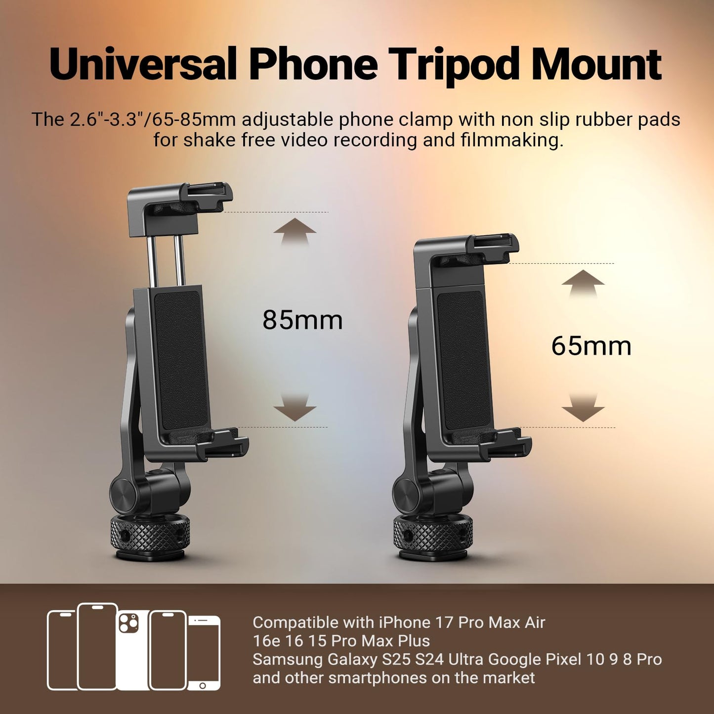 NEEWER Metal Phone Tripod Mount with Cold Shoes, 1/4" Thread, 180° Tilt, 360° Rotation, Adjustable Phone Clamp Holder Compatible with iPhone 17 Pro Max 16 15 Samsung S25 S24 Ultra Camera Cage, GA010