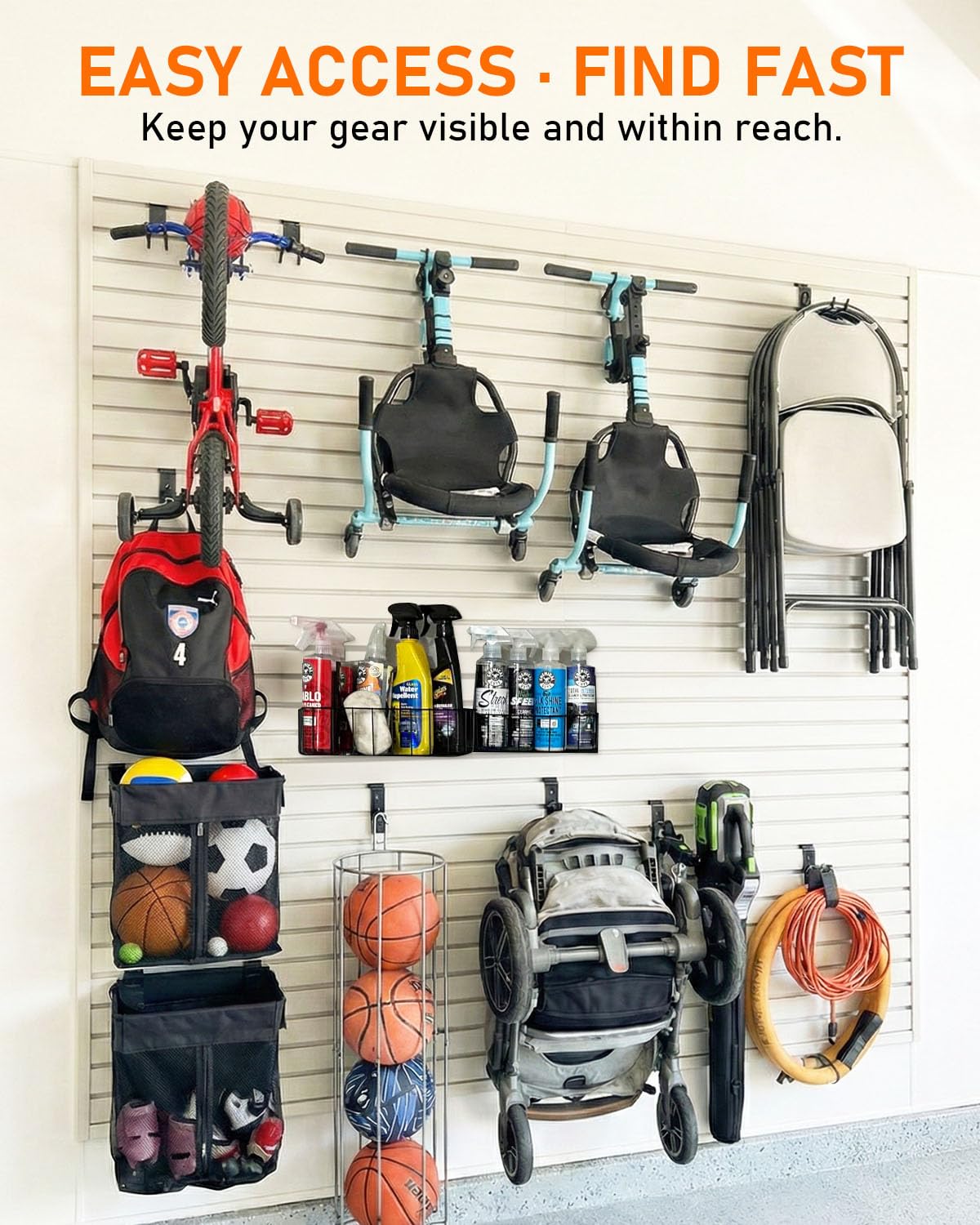 ZORUNNA 2PCS Slatwall Basket with Zipper, 6 PCS Heavy Duty Hooks, 16x15x11 Inch Slatwall Accessories, Easy to Install Garage Storage Mesh Basket for Shop Gym Toy Display Storage.