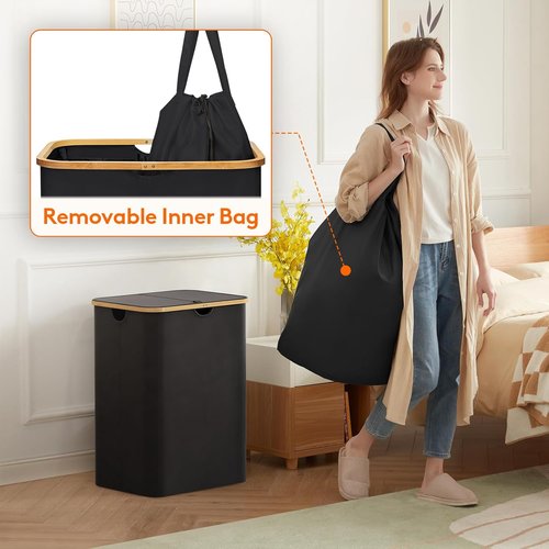 Lifewit 150L Laundry Basket - Foldable Hamper with Lid & Bamboo Handles | Black with 2 Removable Bags