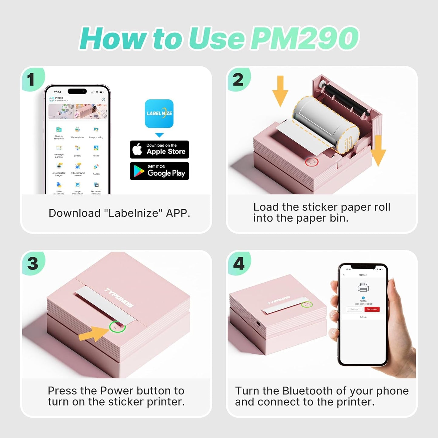 TYPONOS PM290 3 1 Pack Sticker Printer, Mini Printer, Bluetooth Sticker Maker Machine with Rolls Paper, Smart AI APP