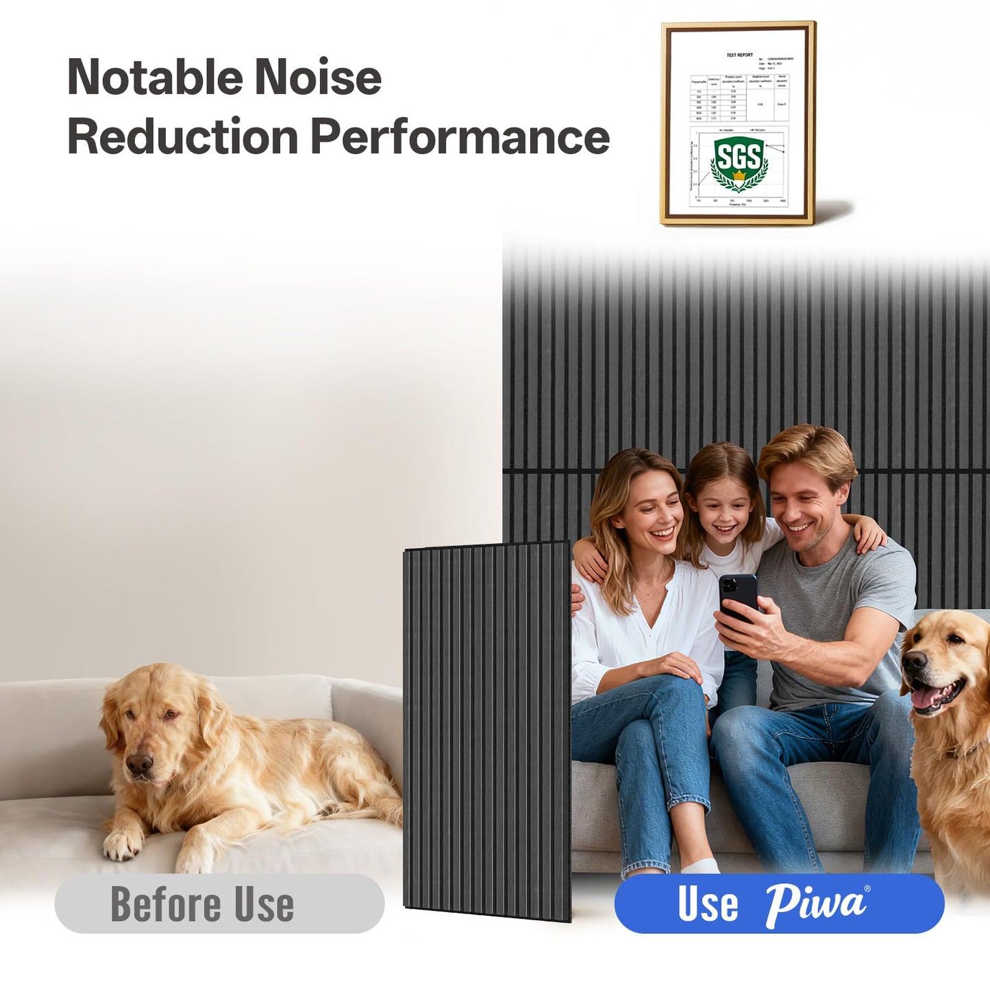 PIWA Acoustic Wall Panels 47” x 24" 4 Pack, Wood Panels for Wall Sound Dampening Slat Paneling with MDF Surface and Sound-Absorbing Core for Interior Decor, Home, Office and Gaming Room (Matte Black)