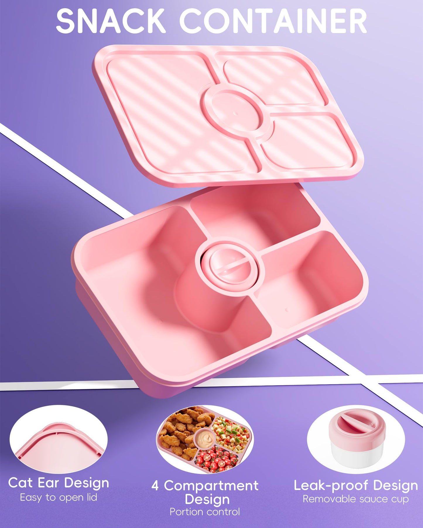 Canfanni 4 Pcs Bento Snack Box Containers, 4 Compartment Divided Stackable Food Storage Containers with Lids, Meal Prep Lunch Container with Sauce Cups