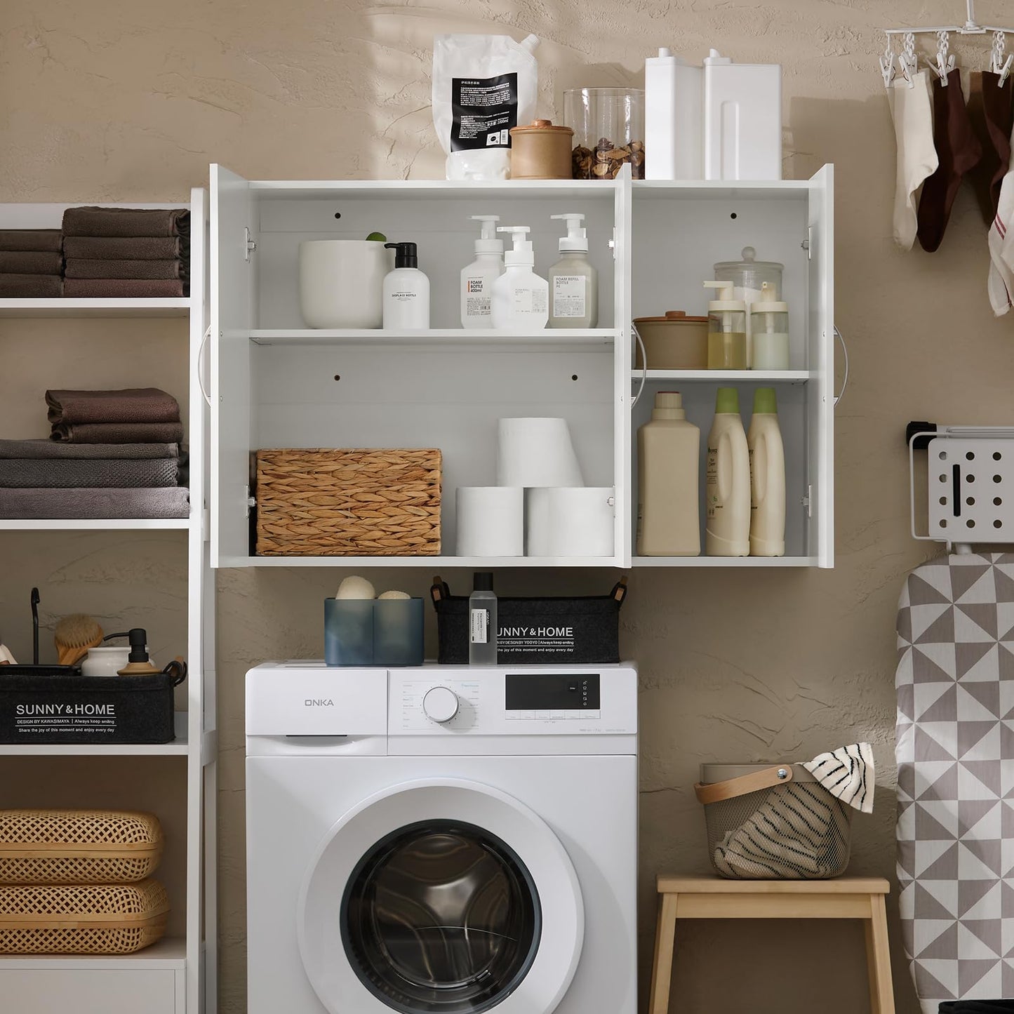 Haotian Wall Cabinet for Laundry Room, Wall Storage Medicine Cabinet for Bathroom Kitchen Garage, Linen Tower Bath Cabinet with Shelf, White FRG231-L-W