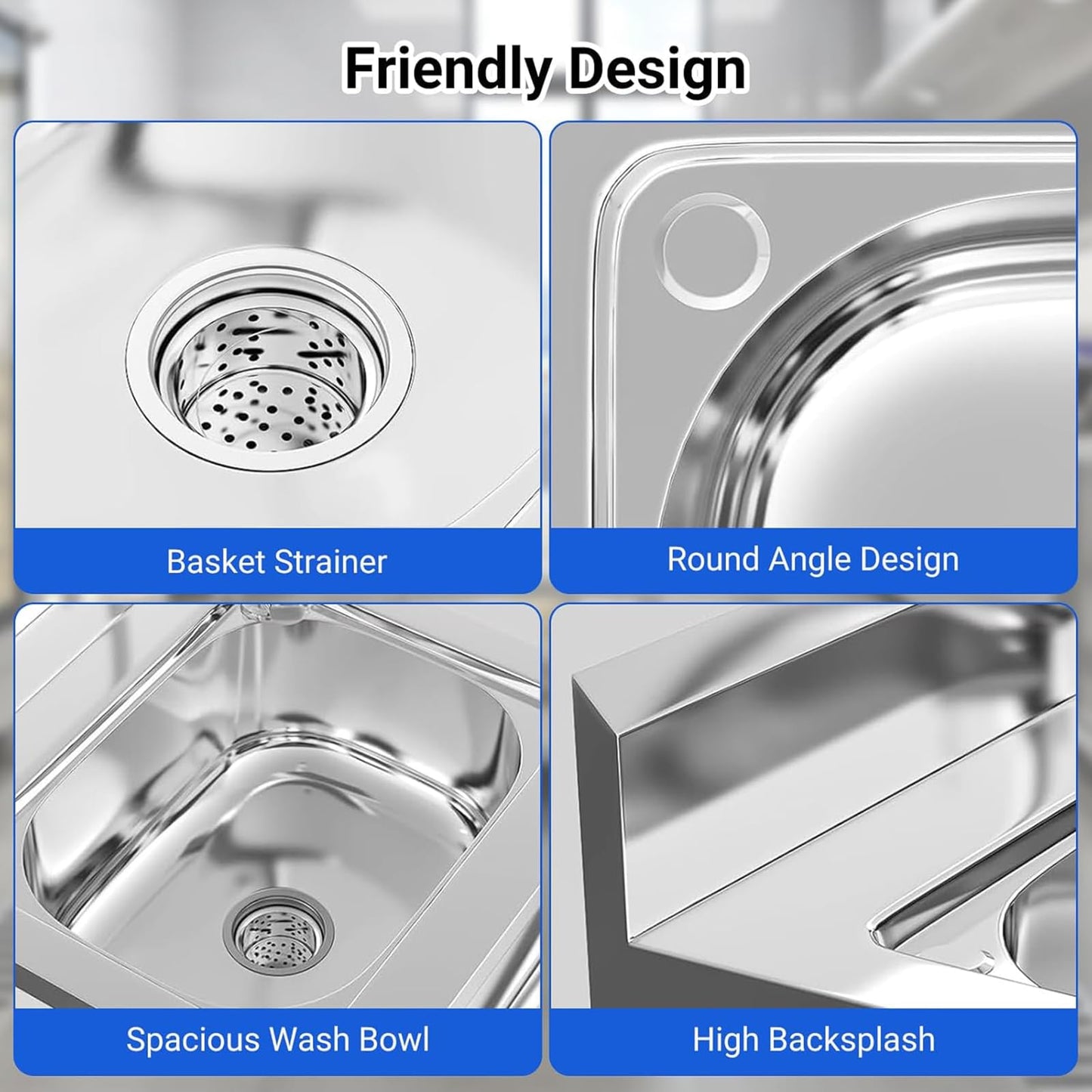 Stainless Steel Utility Sink with Faucet - Freestanding Single Bowl Sink for Commercial Kitchen, Laundry, Garage, Shop, Patio, Outdoor Prep & Wash Sink with Shelf, Fregadero Para Patio Exterior - 23In