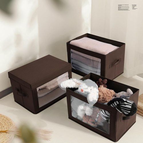 Homsorout Stackable Storage Bins - Medium Foldable Closet Organizers with Lids | 5-Pack, Brown