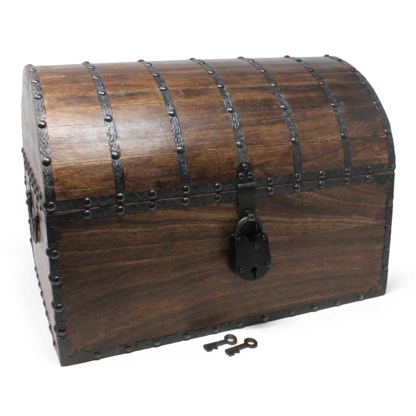 Nautical Cove Wood Treasure Chest with Decorative Rivets and Reinforcing Iron Strips with Lock and Skeleton Keys (Dark Antique, X-Large 16x12x12) – Wooden Keepsake Box, Pirate Decor, Storage Chest