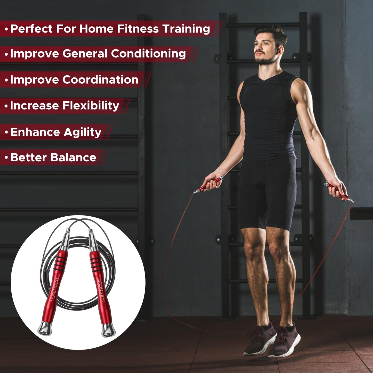 Huhloch Speed Weighted Jump Rope with Secure Lock Mechanism, 360° Smooth Swivel, Non-Slip Matte Textured Handles, Features 2 Performance Cords for Effective Fitness Workouts (Red)