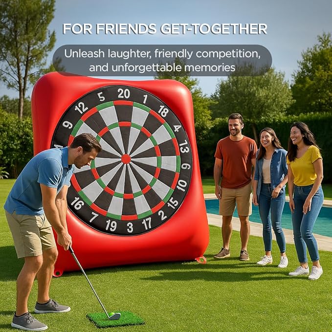 Inflatable Soccer Dart Board and Golf Darts Giant Kick Target Yard Game for Adults Kids Outdoor Backyard Parties with 4 Soccer Balls 20 Golf Balls Chipping Mat Pumps Scorecard Red Color 6.3 Feet