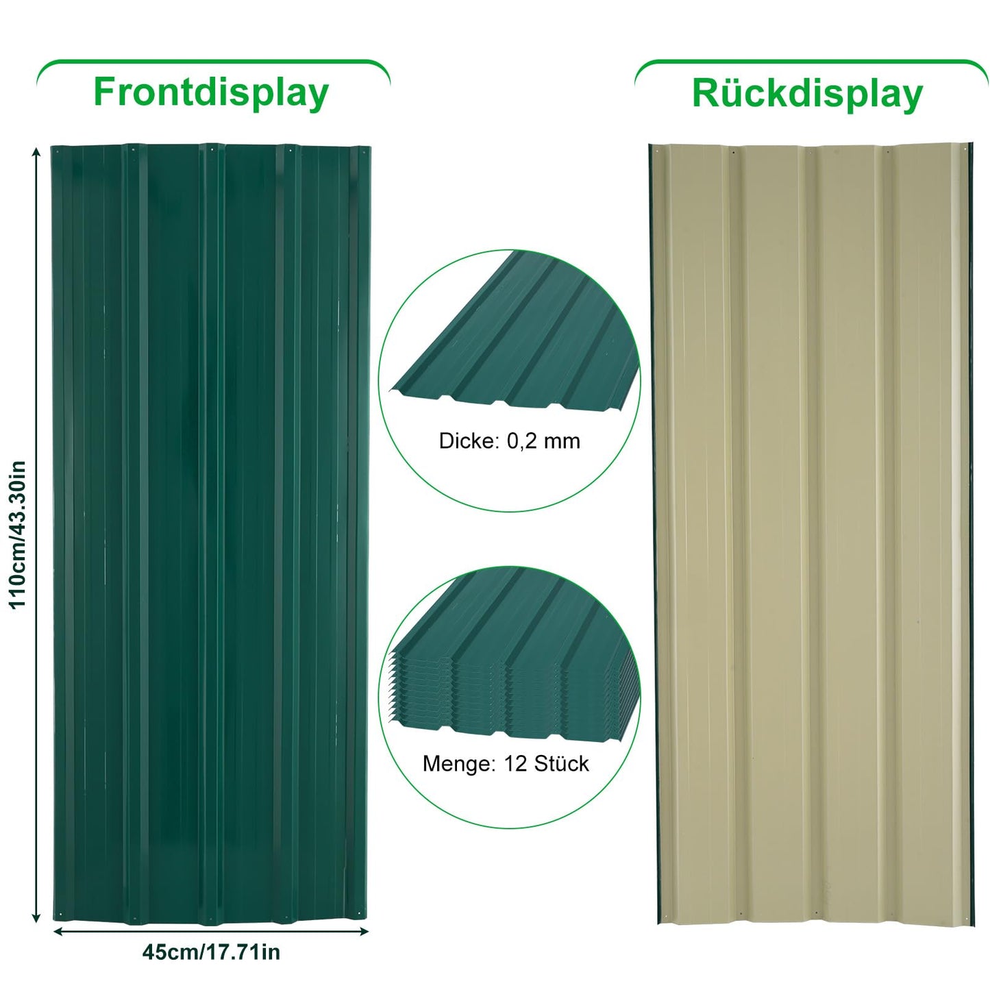 Metal Roofing Panels 12pcs, Galvanized Steel Roof Panels L43.3×W17.7 Inch, Corrugated Tin Roofing Panels Roof Protector, for Garages Coop Chicken Sheds Stables Patio (Green)