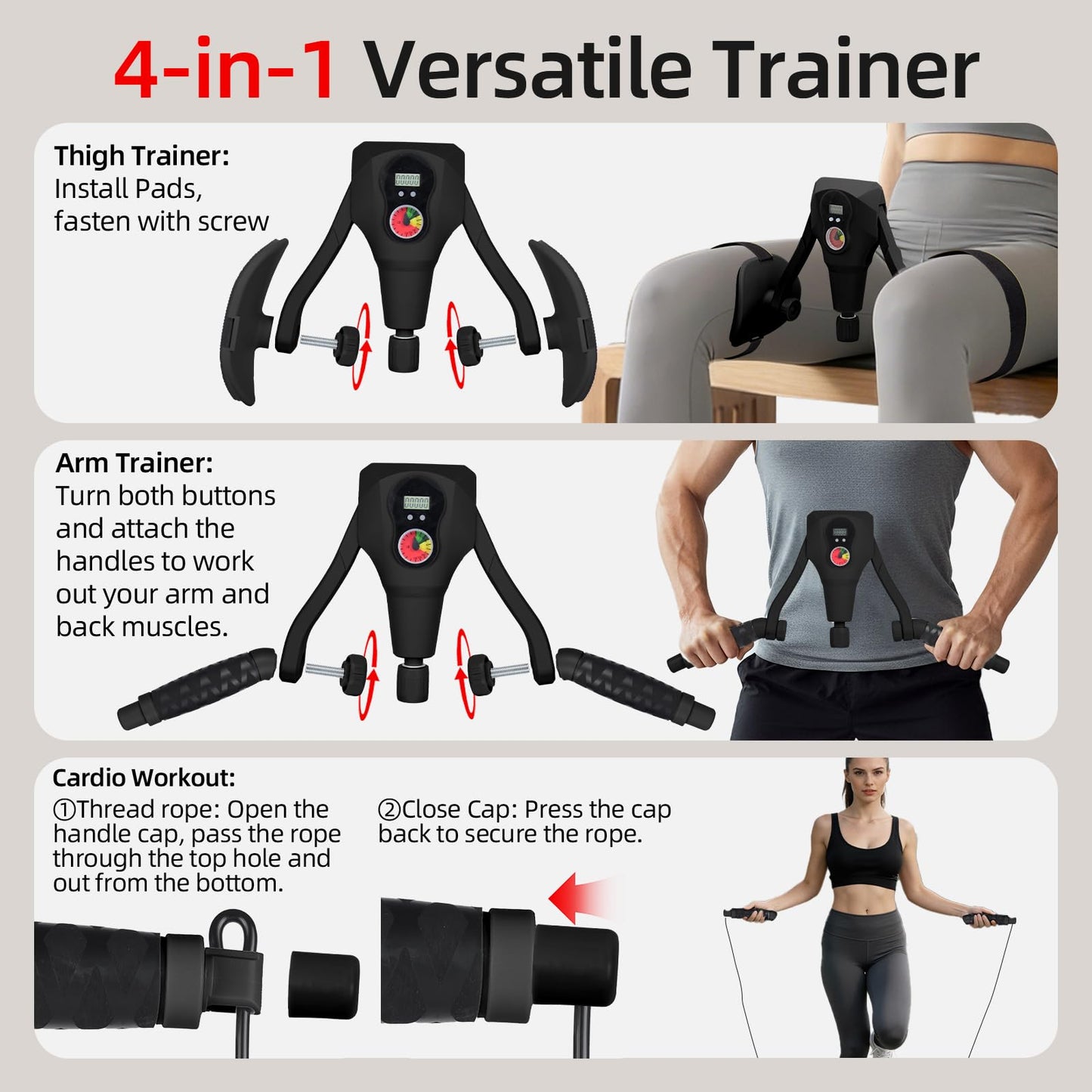 Abahub Inner Thigh Trainer with Display Counter, 0-132 LBF Adjustable Resistance Pelvic Floor Muscle Exerciser, Home Gym Kegel Trainer Includes Bands, Arm Workout Handles & Wireless Jump Rope, Black