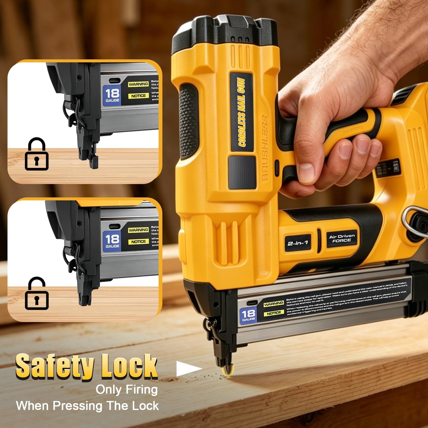 2 in 1 Cordless Brad Nailer Compatible with Dewalt 20V MAX Battery(NO Battery):Electric Nail Gun for Wood, Trim Work, DIY - A Nice Gift for a Husband or Father (Yellow and black)